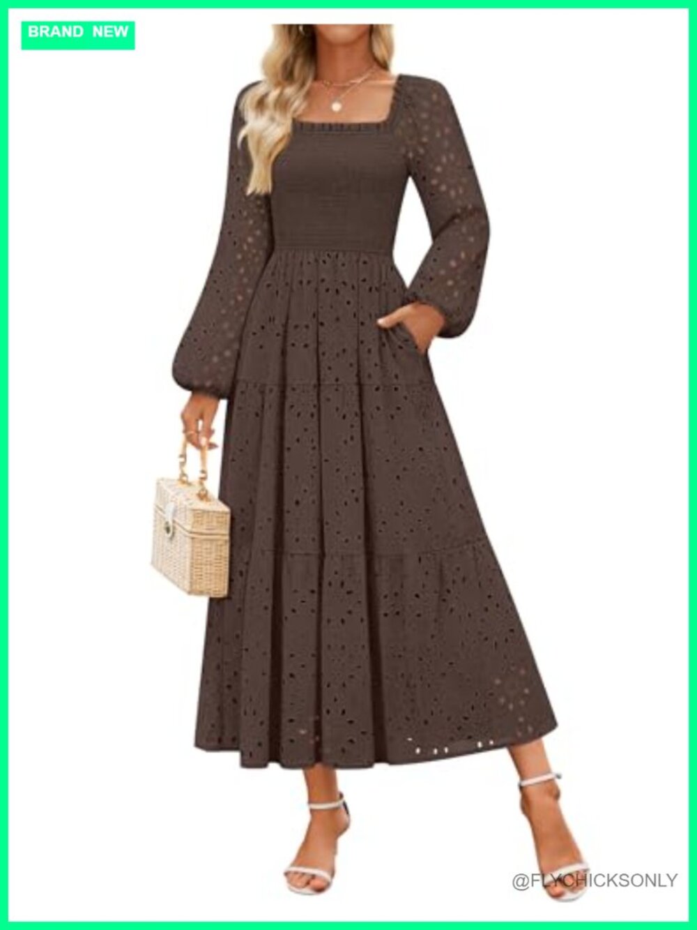 Eyelet Long Sleeve Maxi Dress Smocked Waist Tiered A-Line Wedding Guest